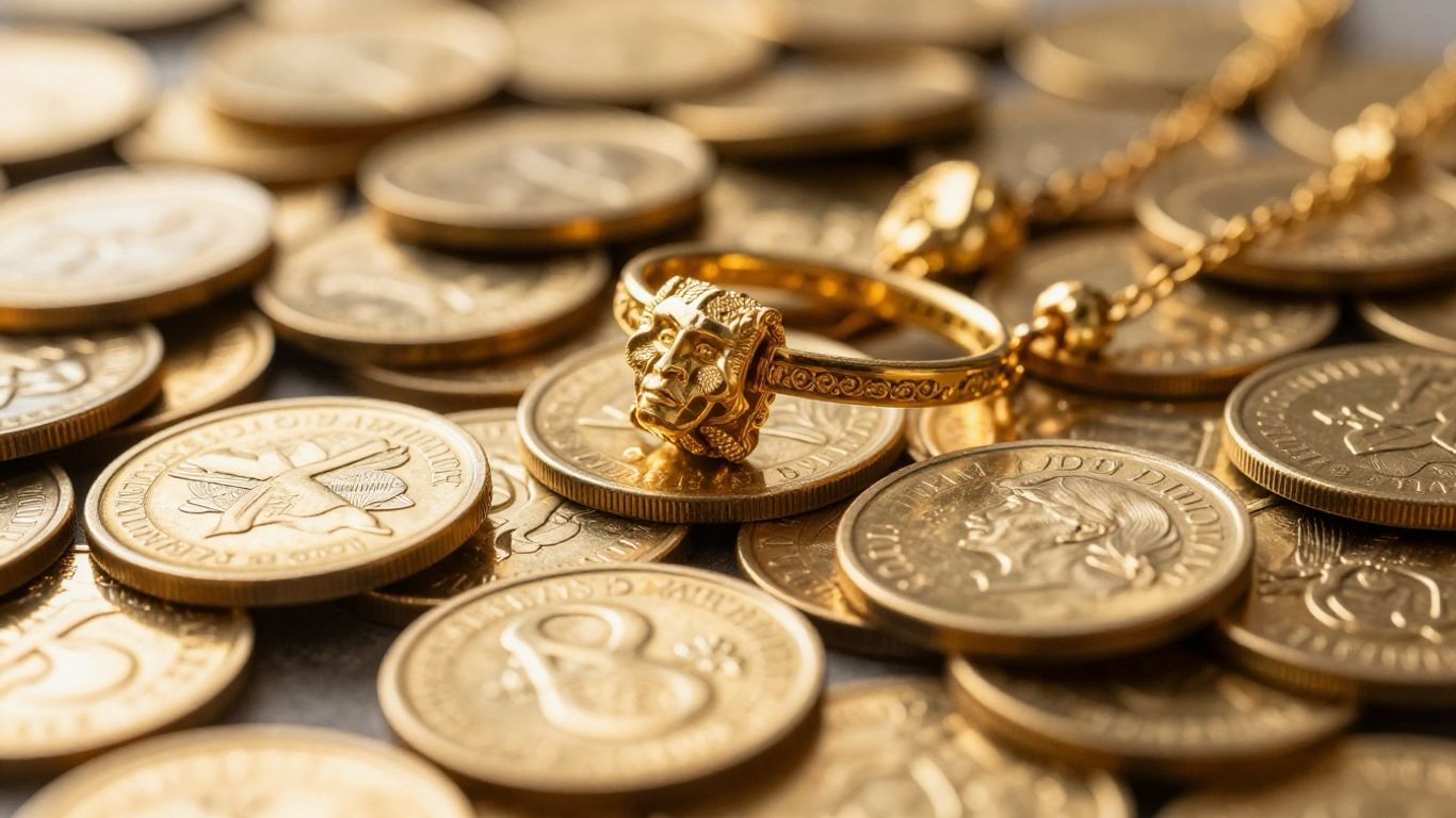 Pièces d'or et bijoux brillants, gros plan.