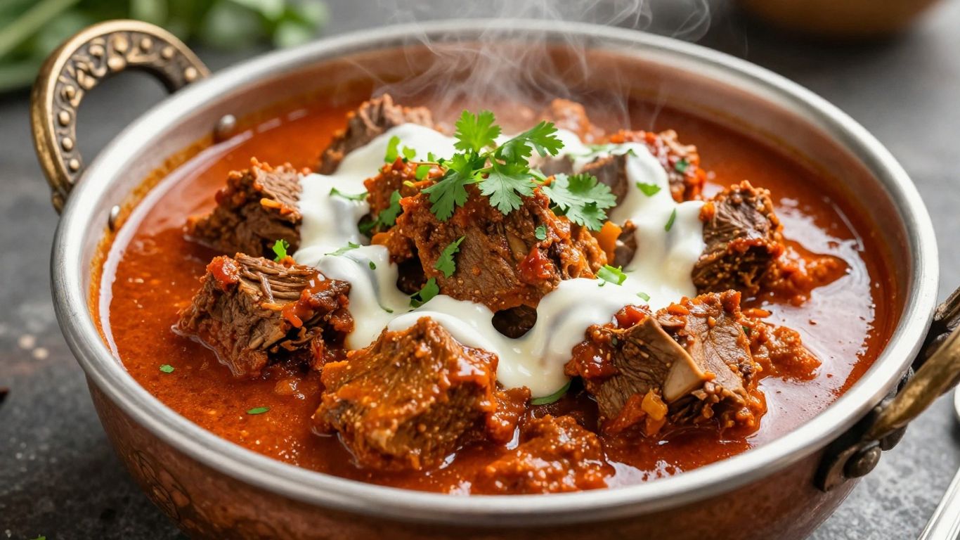 Steaming lamb curry with cilantro garnish in a rustic bowl.