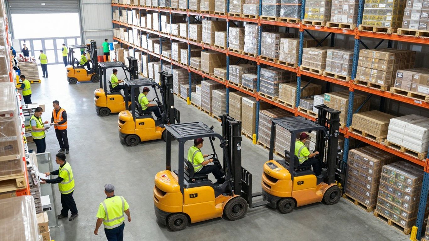 Distribution center operations with teams and forklifts.