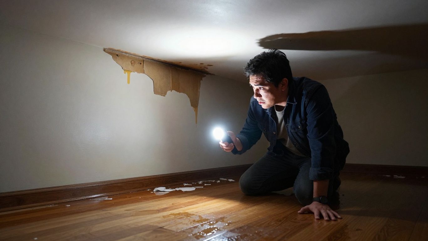 Homeowner inspects water damage in living room.