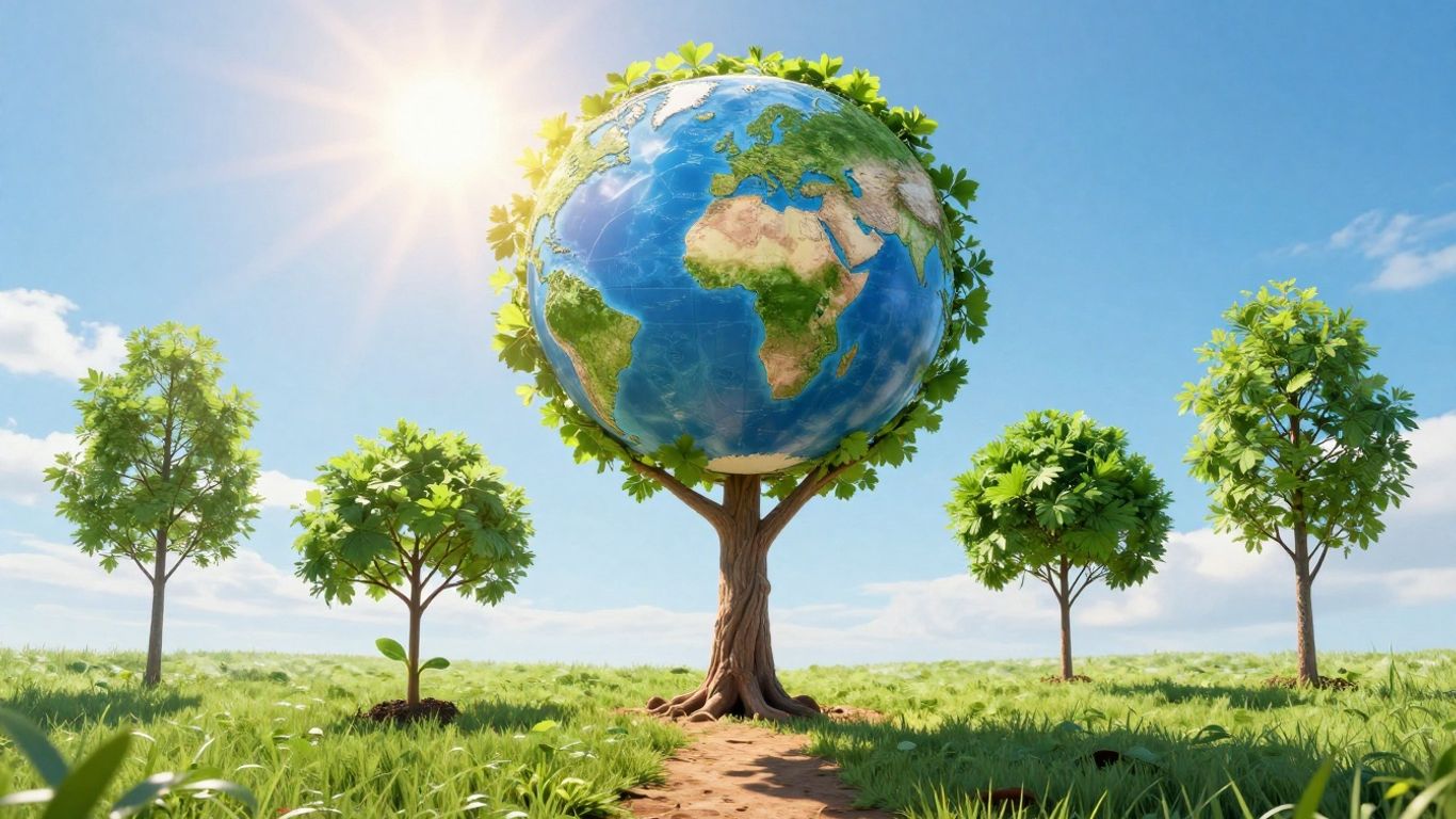 Brand growth and global expansion visualized with a tree and globe.