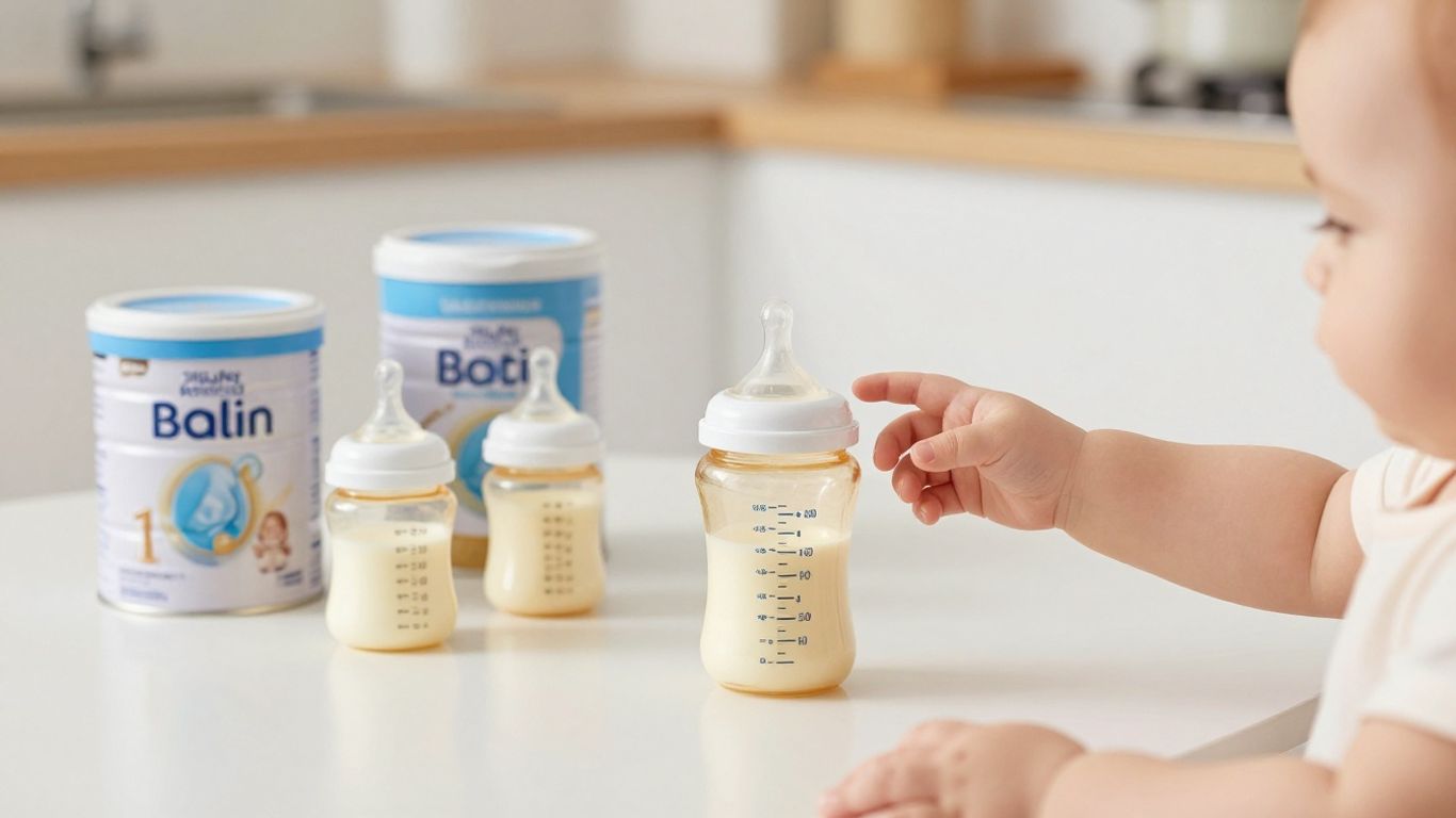 Latas de leche para bebés y biberones en una cocina.