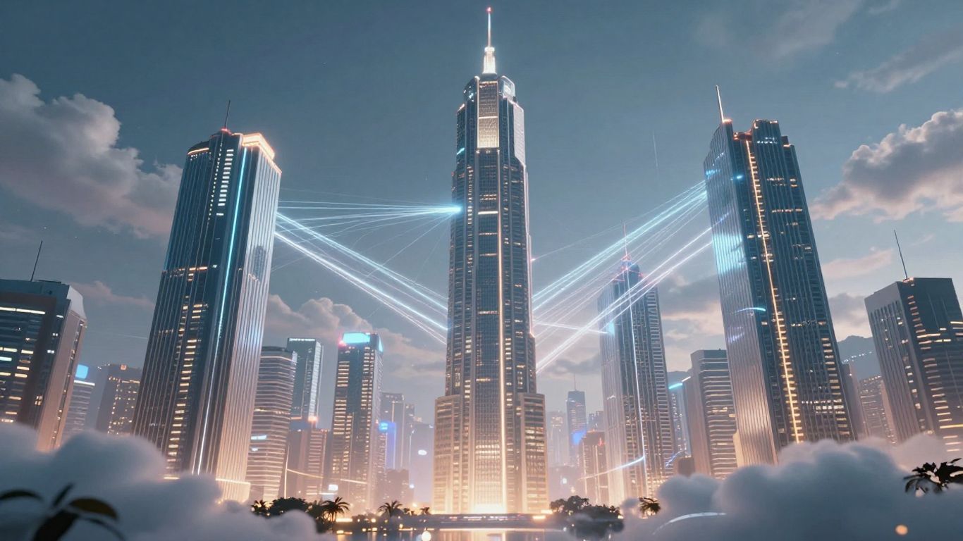 Futuristic cityscape with digital clouds connecting skyscrapers.