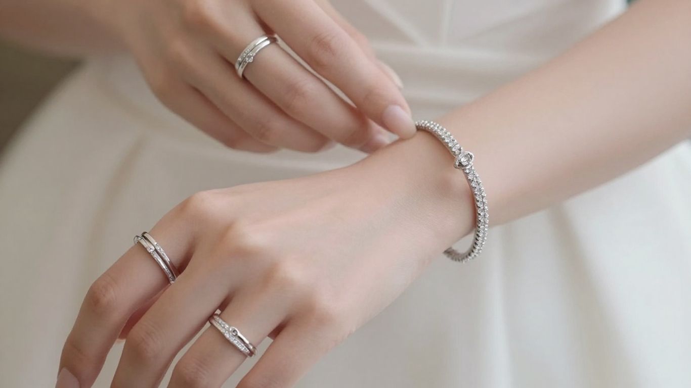 Bride's hands with modern wedding jewellery.