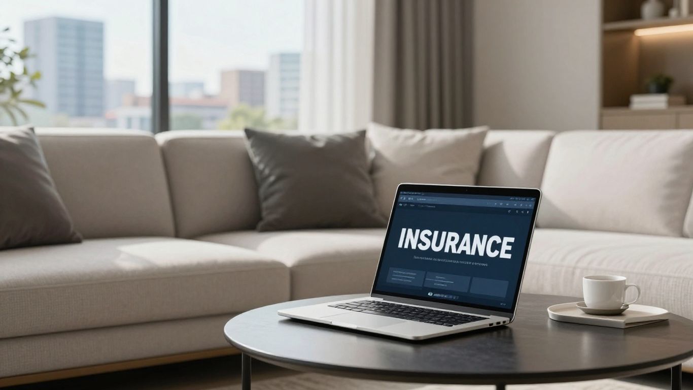 Casa moderna con portátil revisando seguros de hogar.