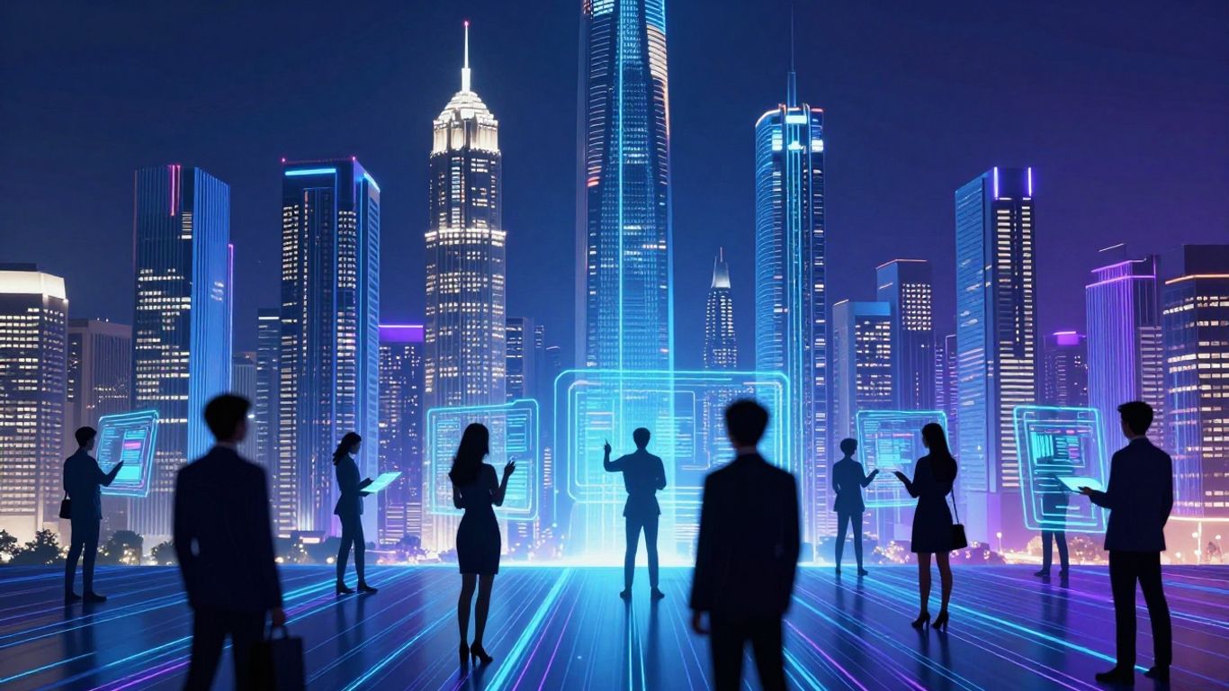 Futuristic cityscape with digital streams and people using holograms.