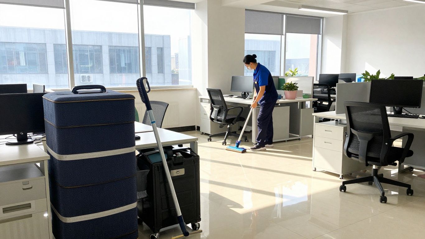 Professionnel du nettoyage dans un bureau moderne et lumineux.