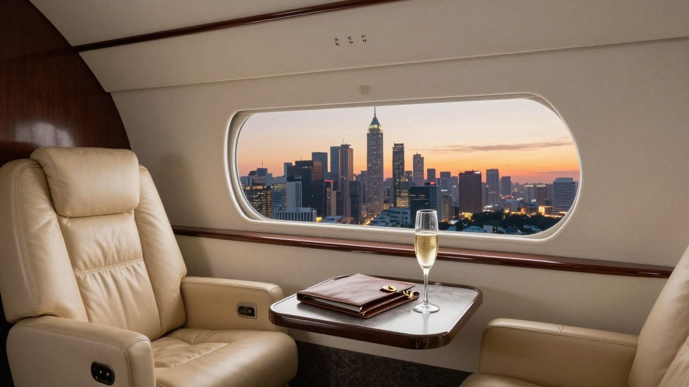 Interior of a private jet with city view.