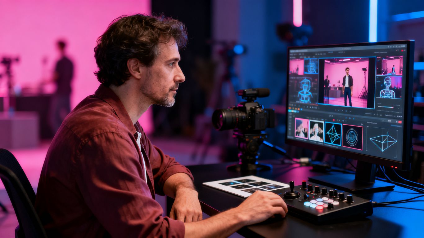Adult creator reviewing cinematic video frames privately