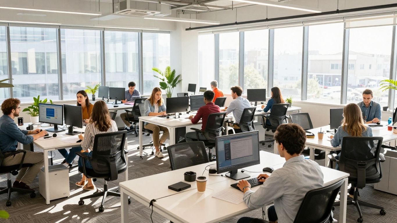 People learning digital marketing in a bright, modern office.