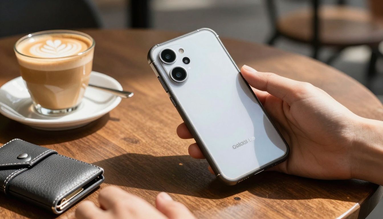 A person in a sunlit Australian cafe placing their Samsung Galaxy S25 Edge with a stylish case on the table next to a coffee.