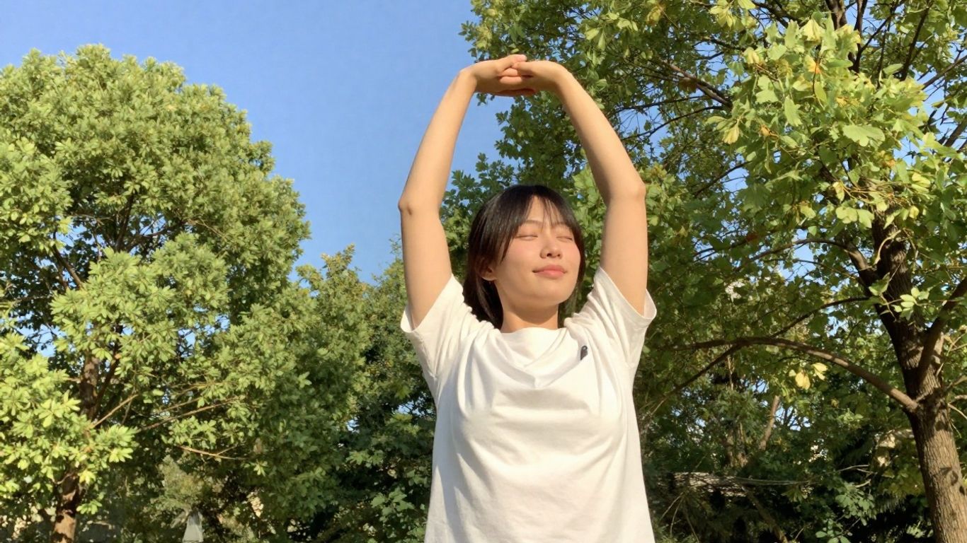 Person stretching outdoors, feeling fulfilled and connected.