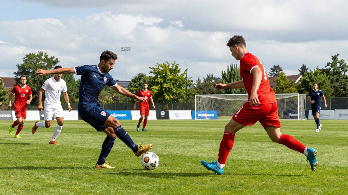 Soccer players in action on a green field.
