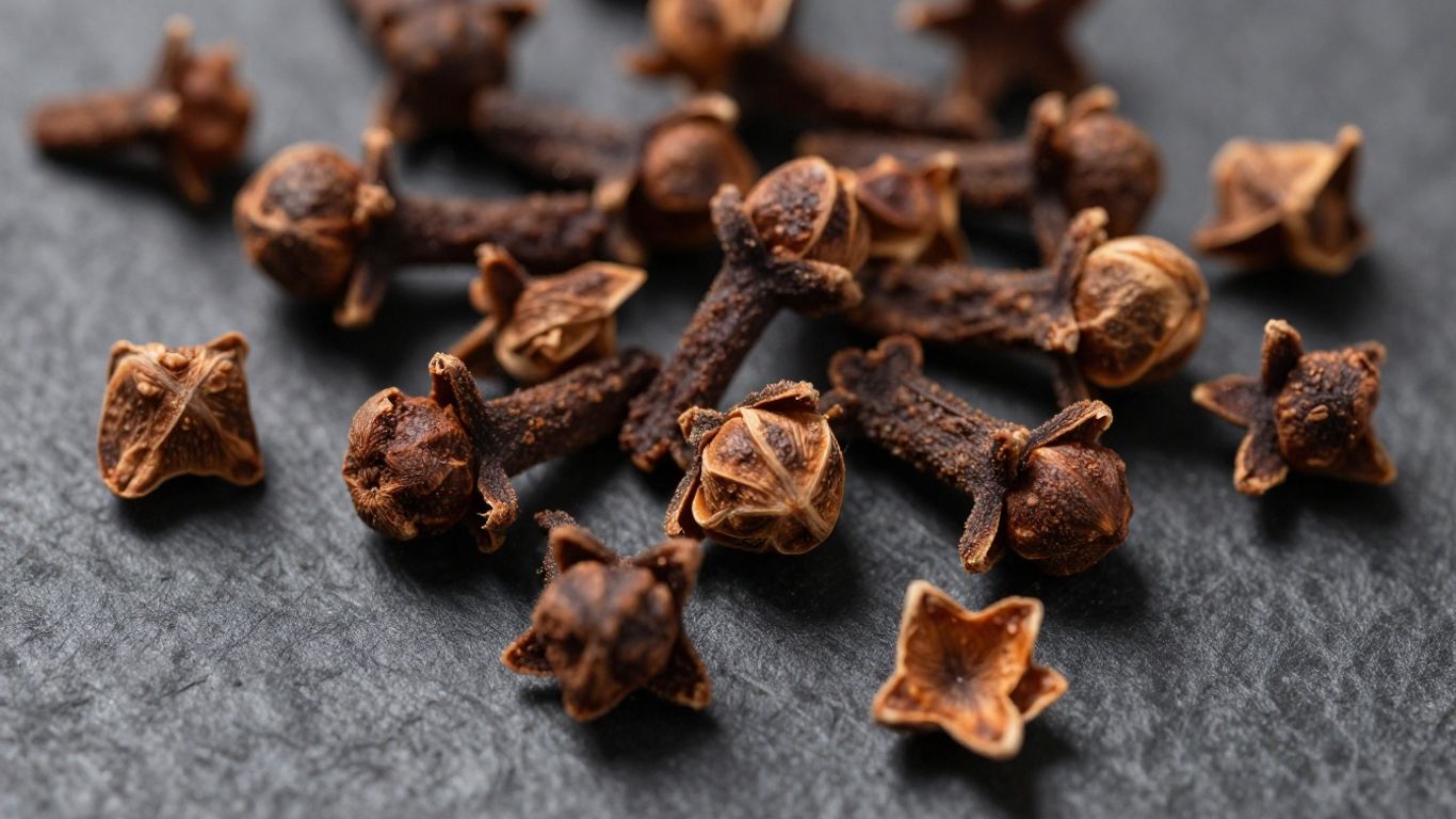 Dried clove buds scattered on a dark surface.