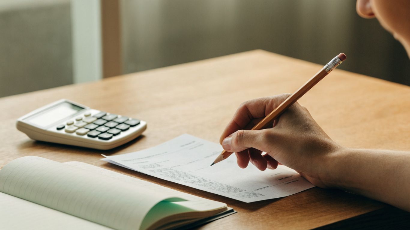 Ledger notebook, bank statement, and calculator on a desk