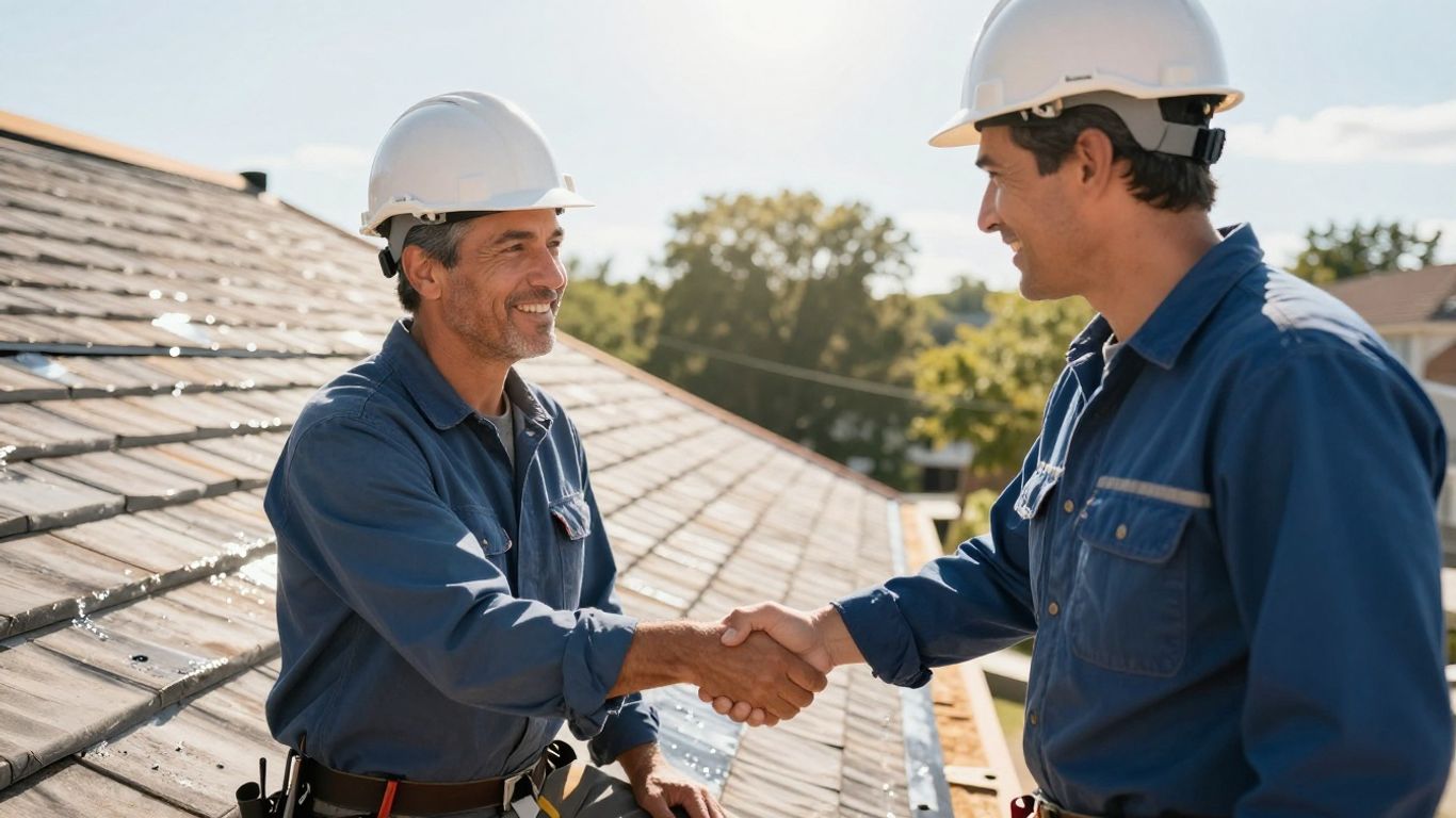 Roofer and homeowner shaking hands after job completion.