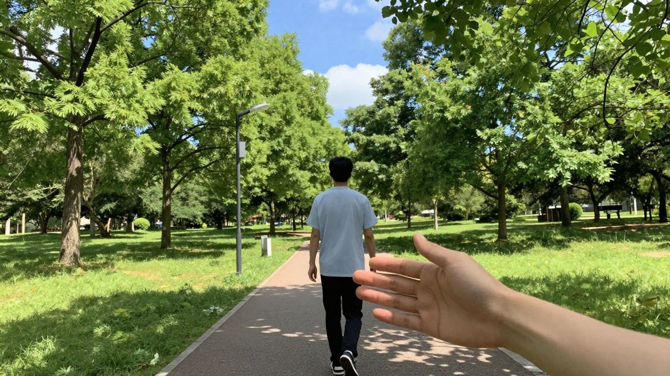 Person walking in a park, receiving support.