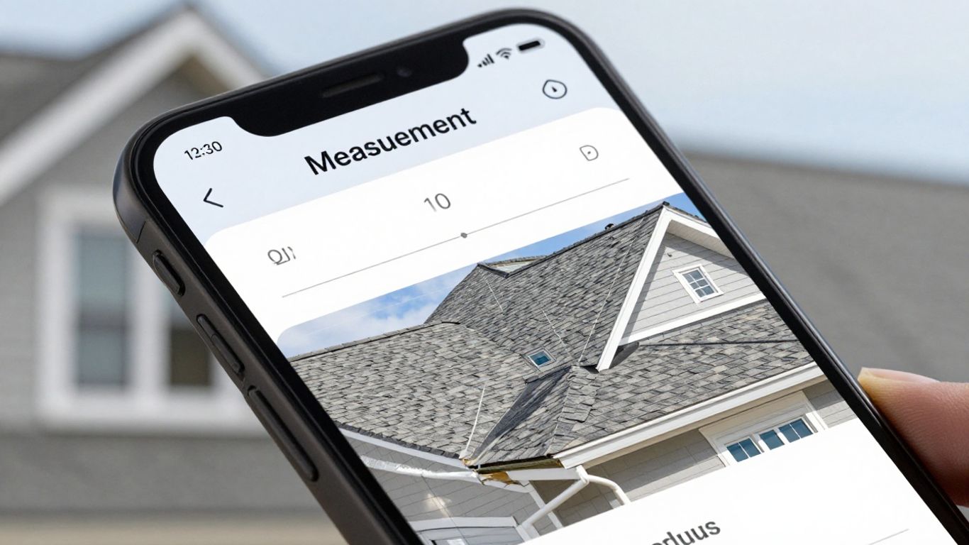 Smartphone app measuring a house roof for estimates.