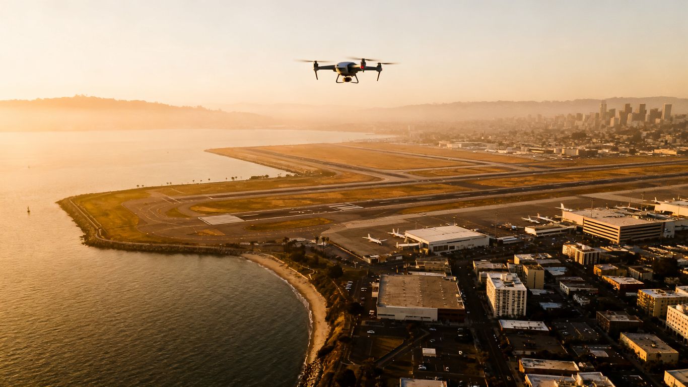 Drone above Oakland Bay Area airport surroundings
