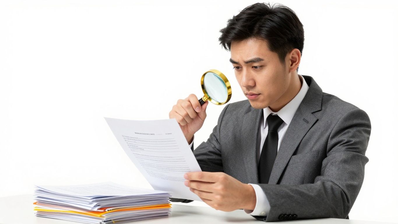 Lender reviewing documents with a magnifying glass.