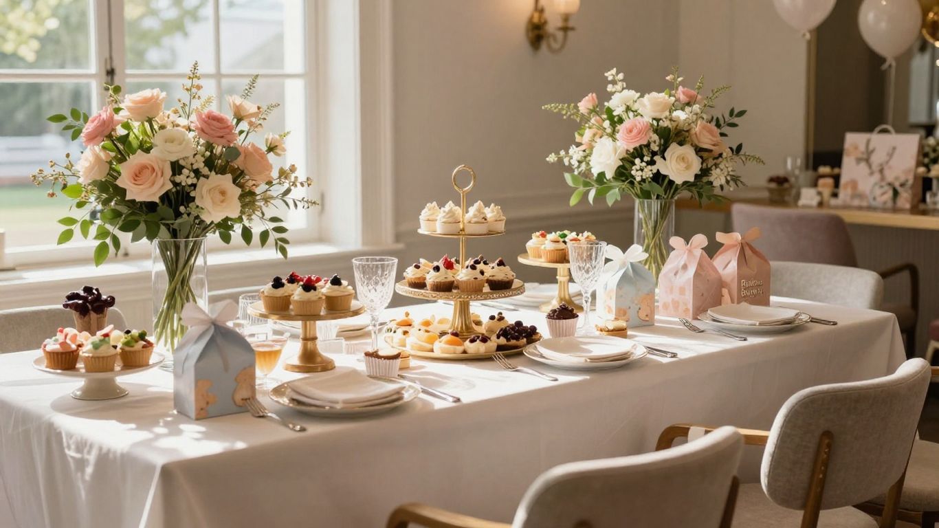Elegant Dallas baby shower venue with decorations and gifts.
