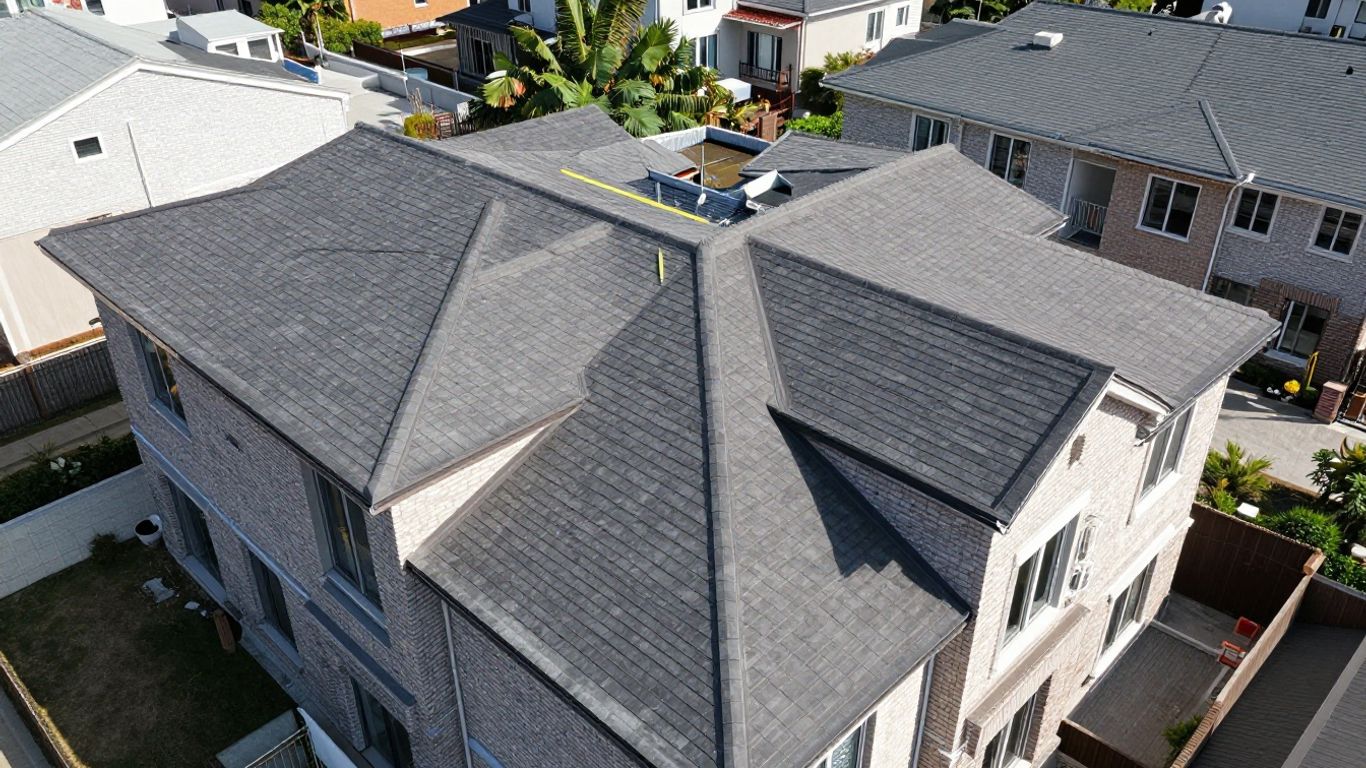 Aerial view of a house roof for measurement.