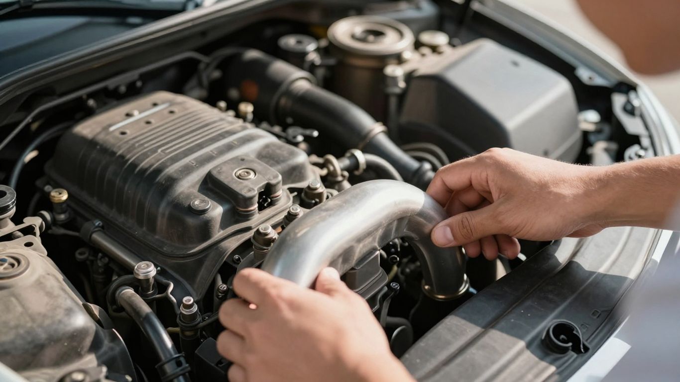 Mann prüft Motorraum eines Gebrauchtwagens