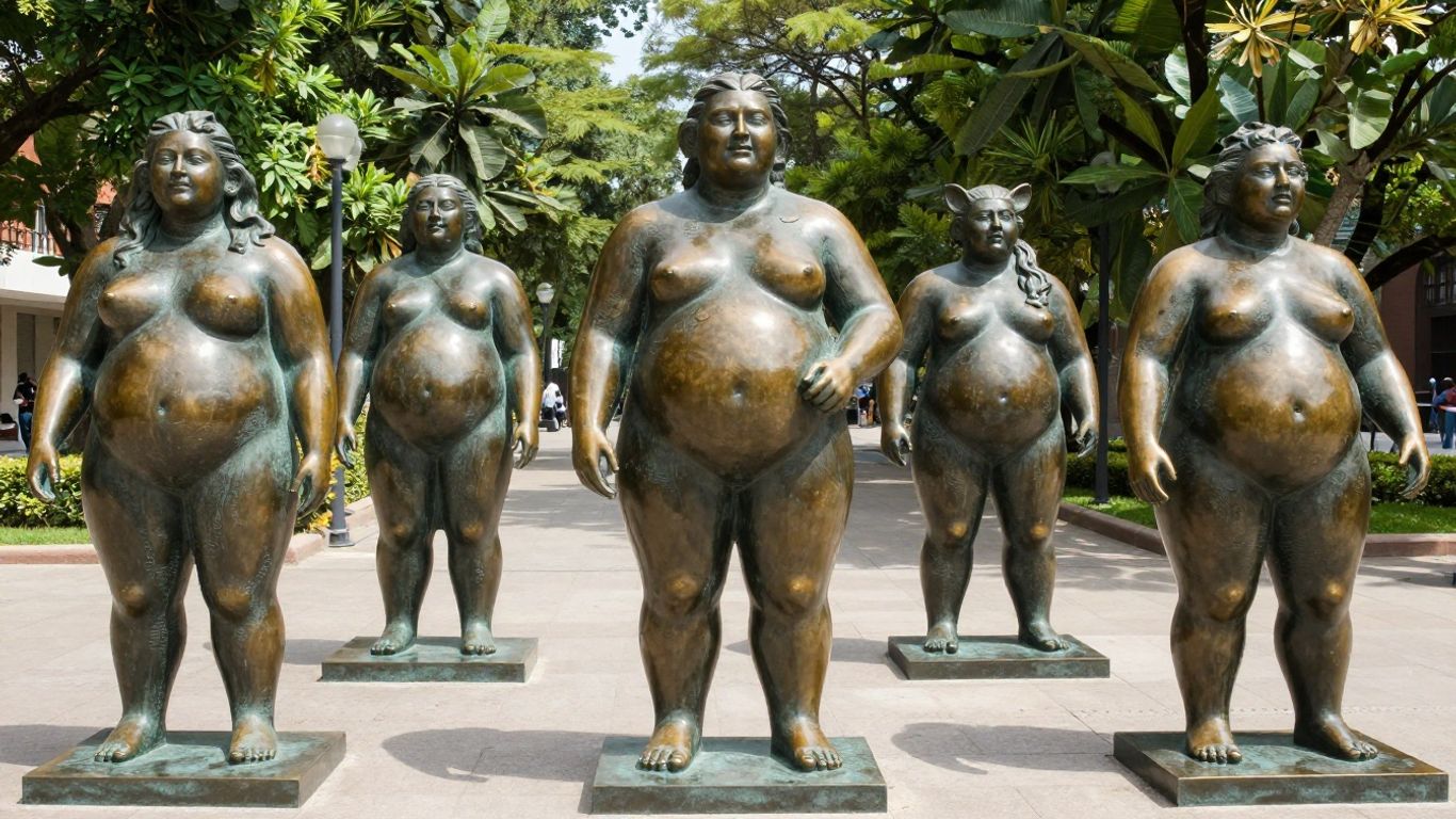Rounded bronze sculptures in a sunny outdoor plaza.