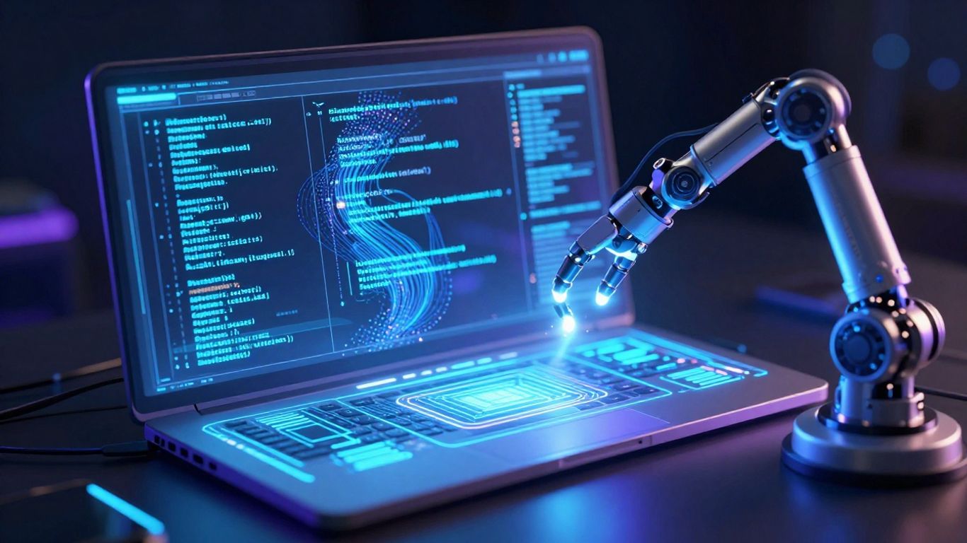 AI automating custom website design with code and holograms.