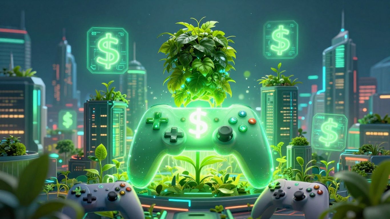 Futuristic cityscape with crypto symbols and game controllers.