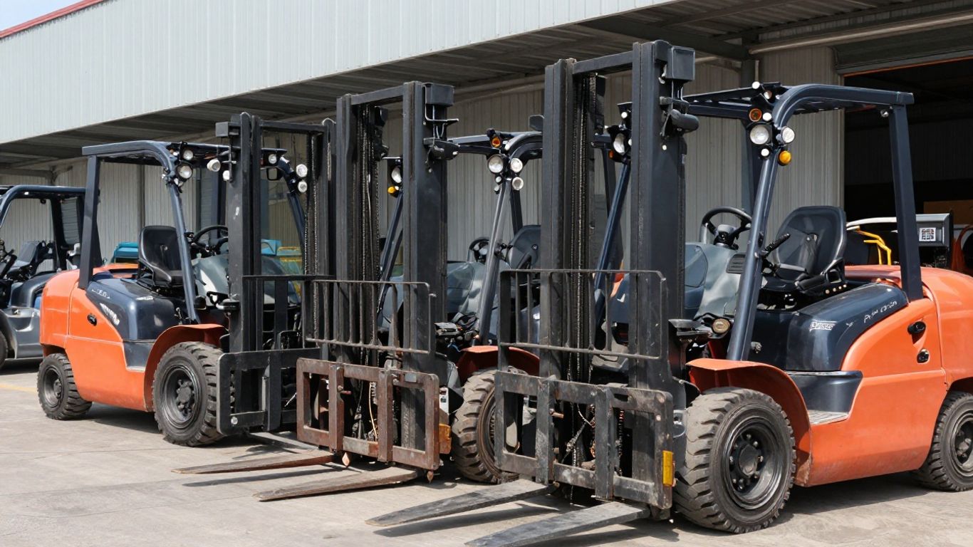 รถโฟล์คลิฟท์หลากหลายชนิด จอดเรียงกันกลางแจ้ง