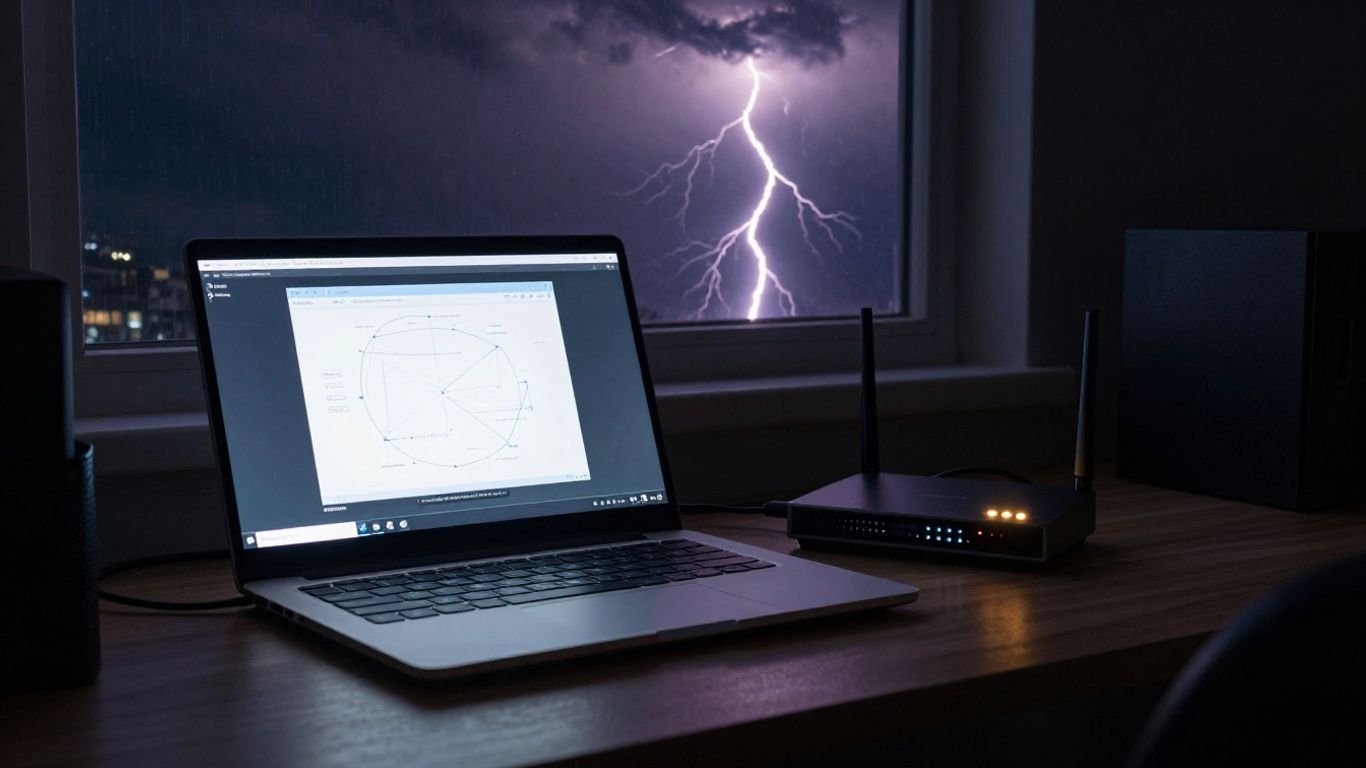 Off-grid internet backup plan with storm outside.