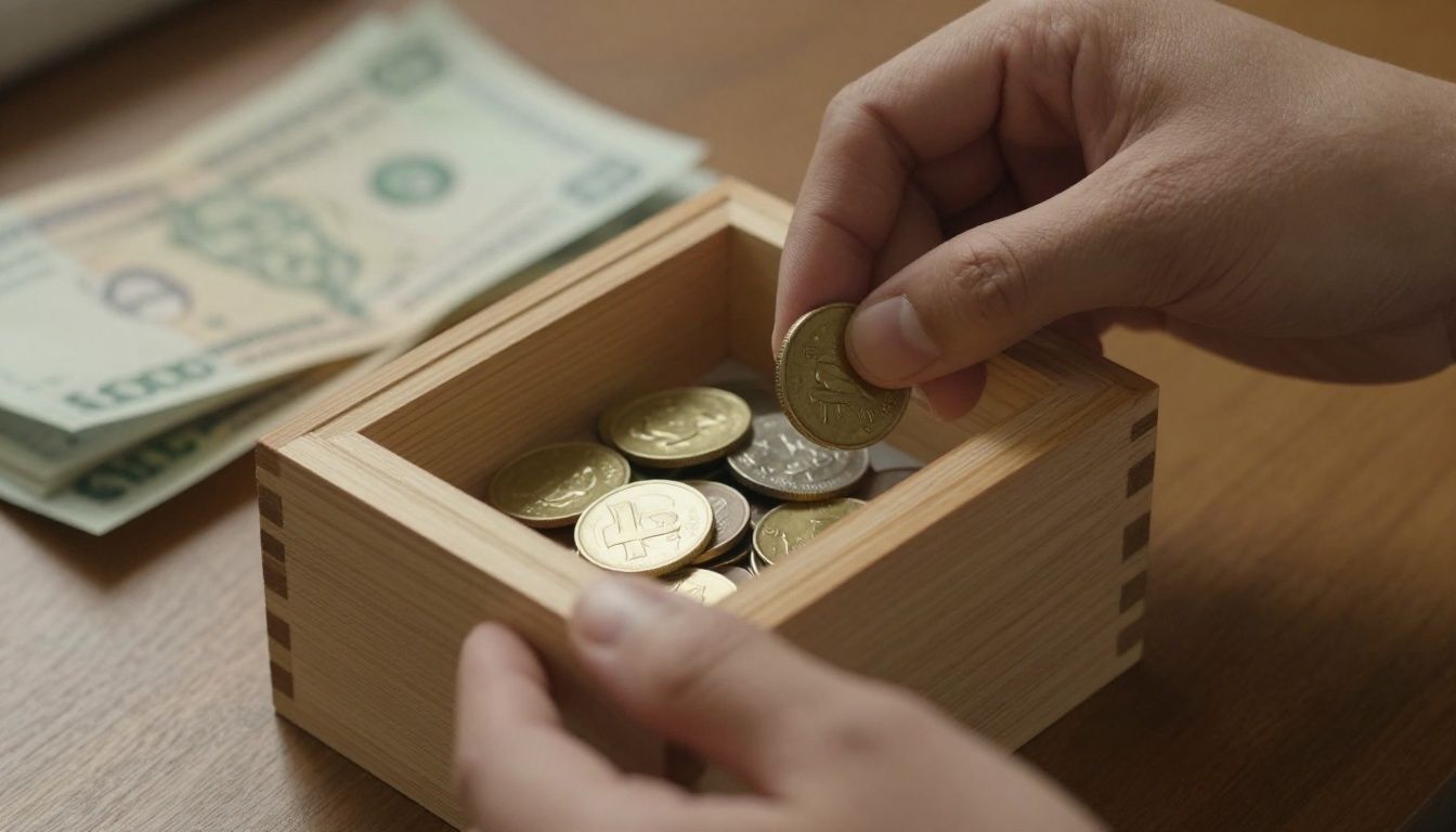 A person's hands carefully placing a few coins and a folded bill into a simple wooden offering box, with soft, warm light illuminating the scene.