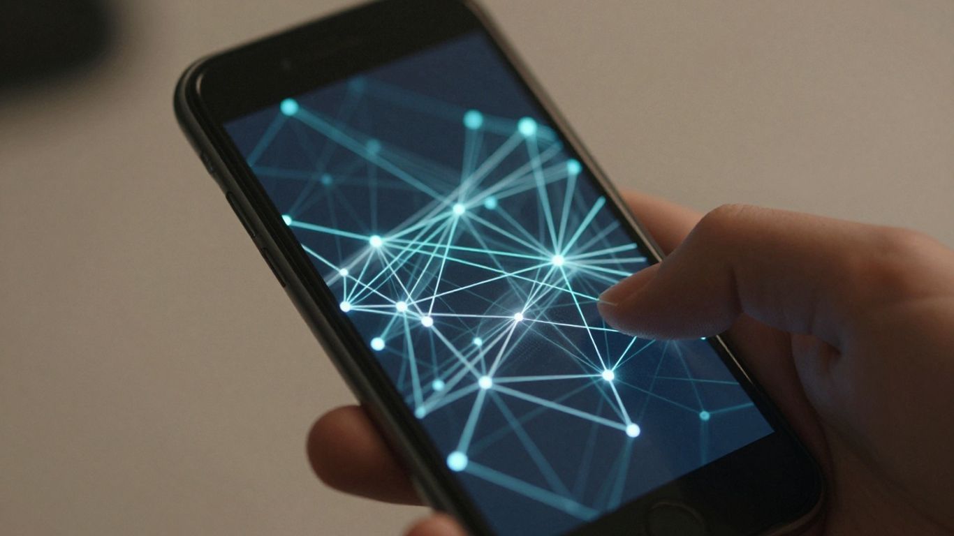 Hand holding smartphone with glowing link connections