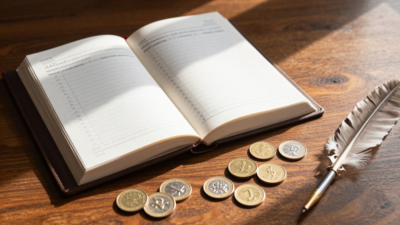 Business ledger with coins and quill pen on desk.