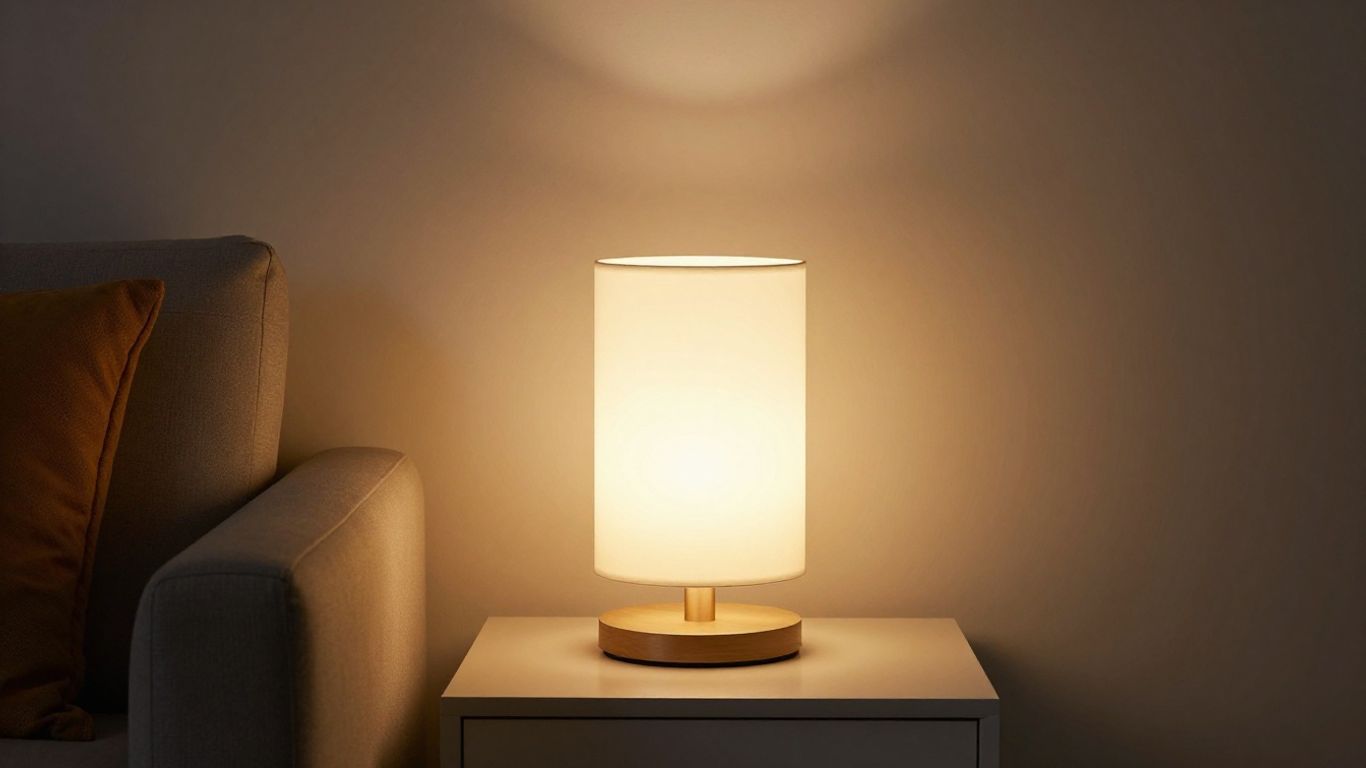 Table lamp brightening a low-ceilinged living room.