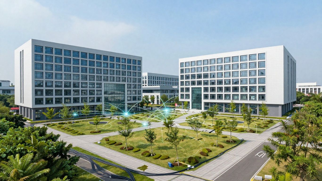 Red de campus con edificios interconectados y flujo de datos.