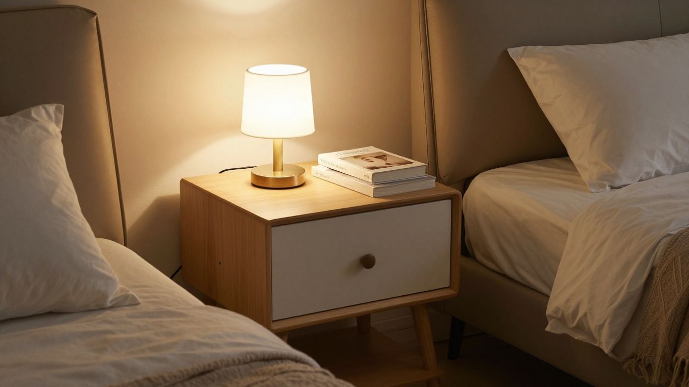 Small nightstand next to a bed with a lamp.