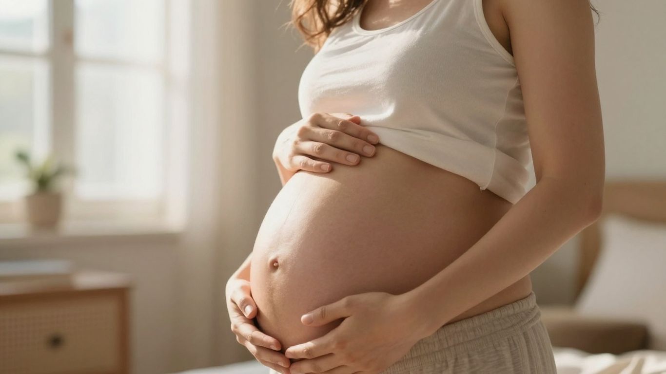 Mujer embarazada acariciando su vientre en la semana 25.