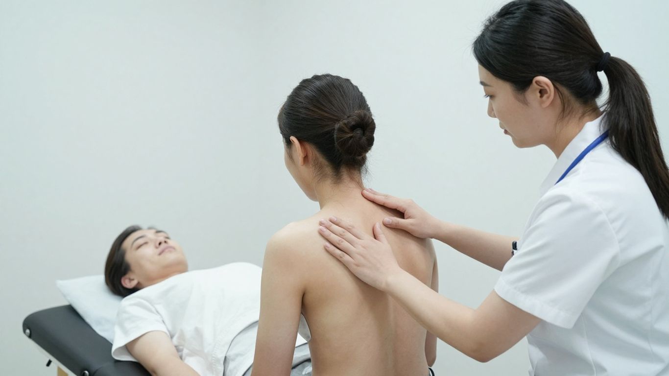 Chiropractor examining patient's back during assessment.