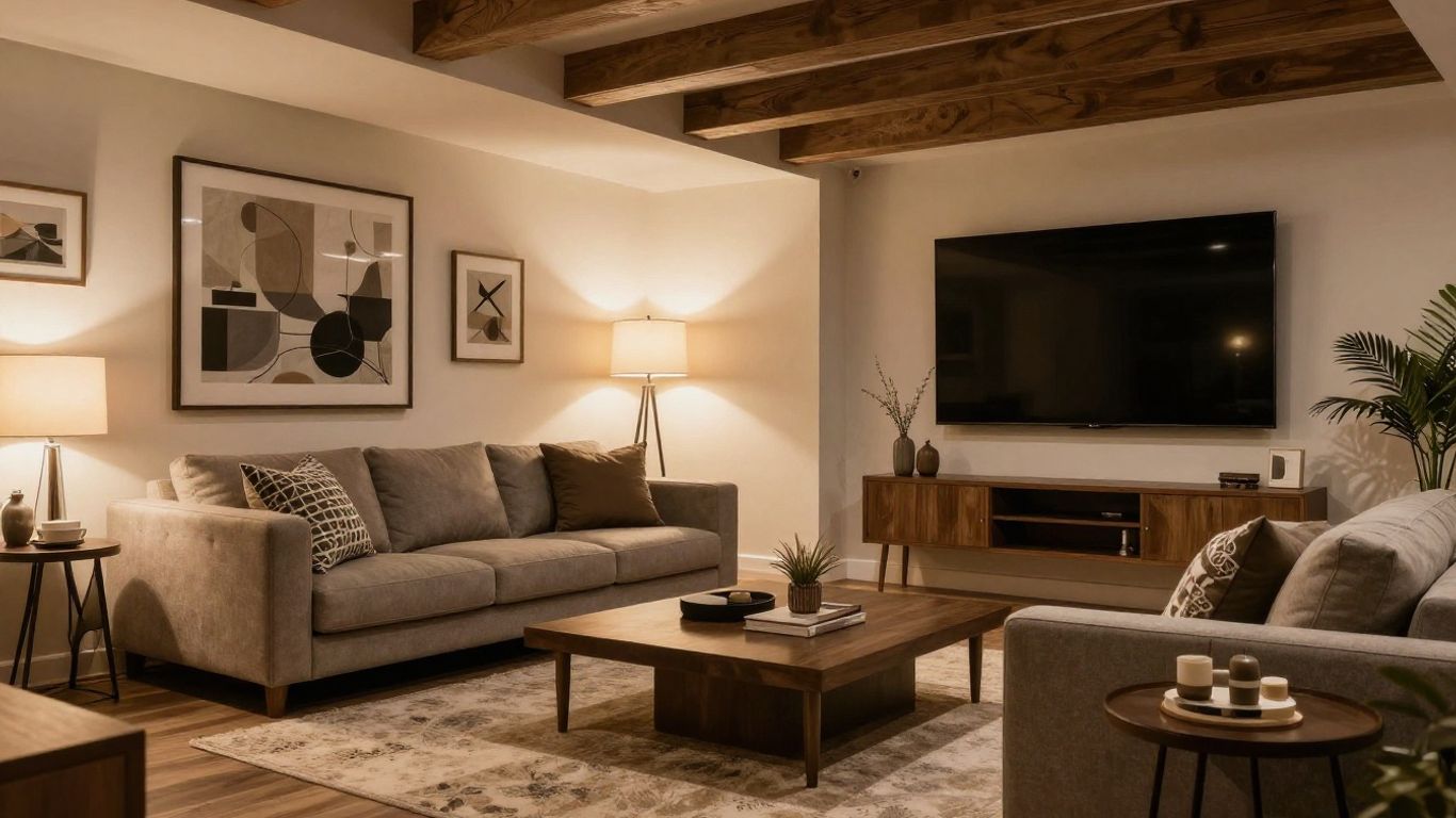 Modern Dacula basement remodel with elegant decor and lighting.