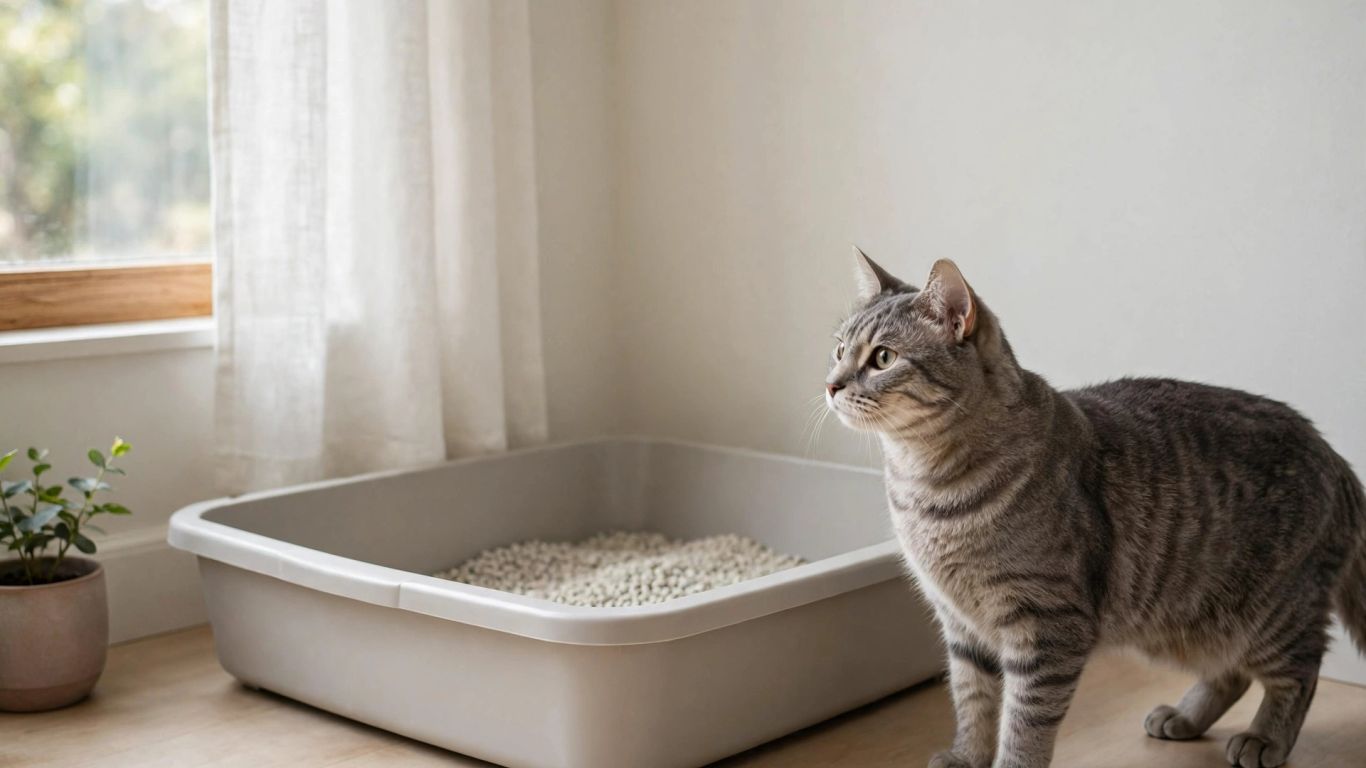 Cat checking a roomy litter box beside a wall