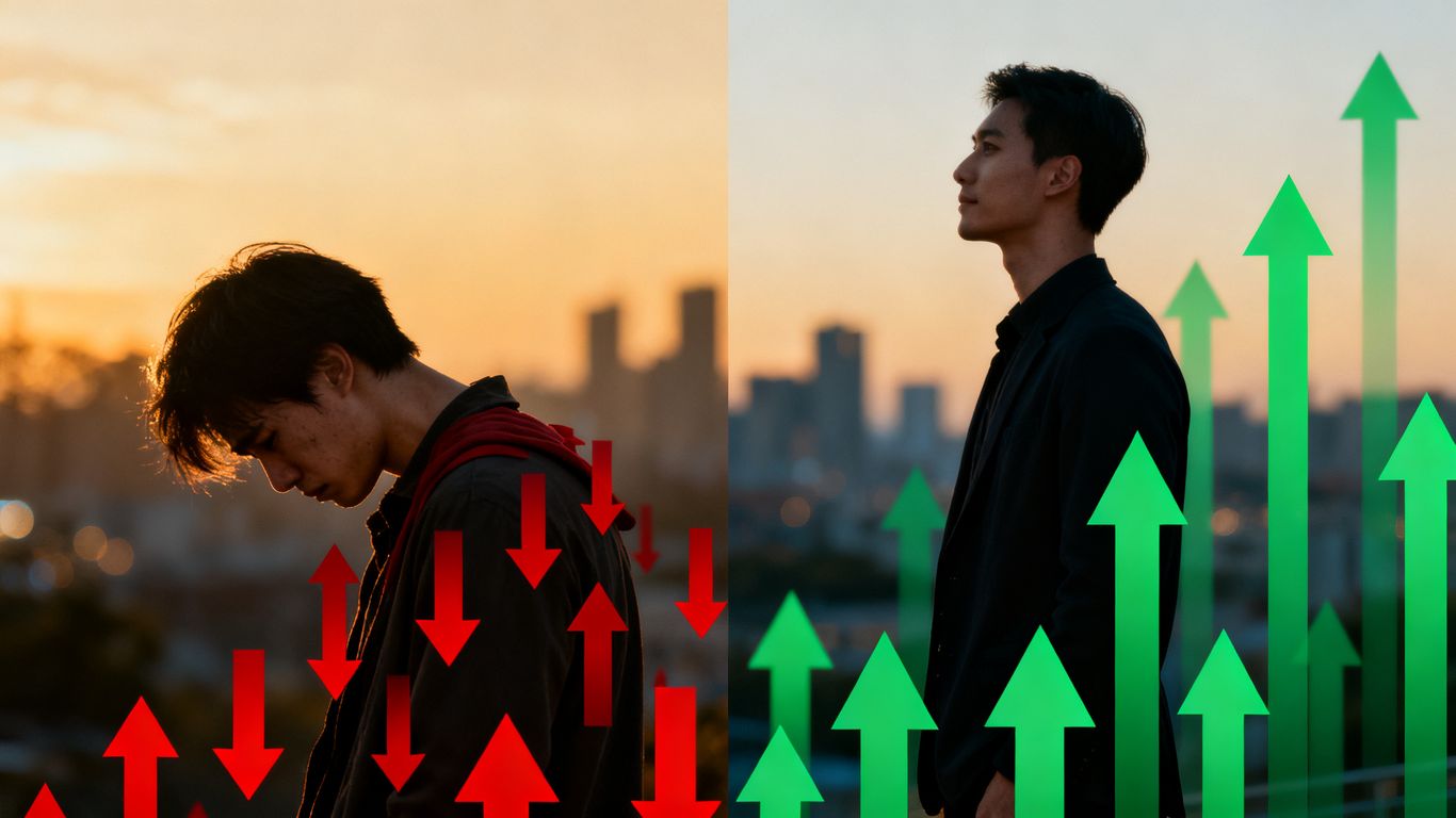 Trader success and failure visual contrast.