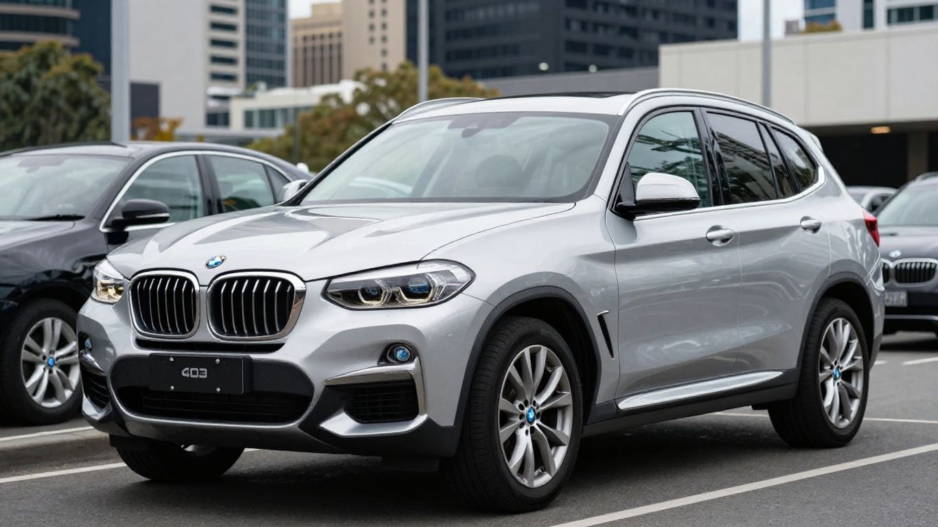 Silver BMW X3 30d in Parramatta cityscape