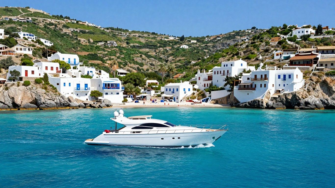 Yacht sailing near Greek islands with villages.