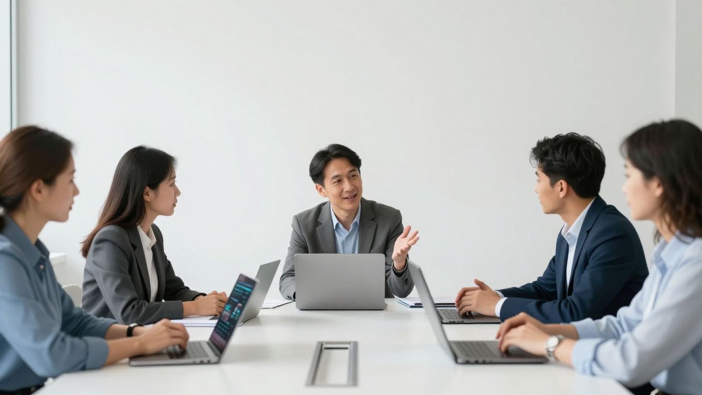 Menschen arbeiten zusammen an Laptops in einem modernen Büro.