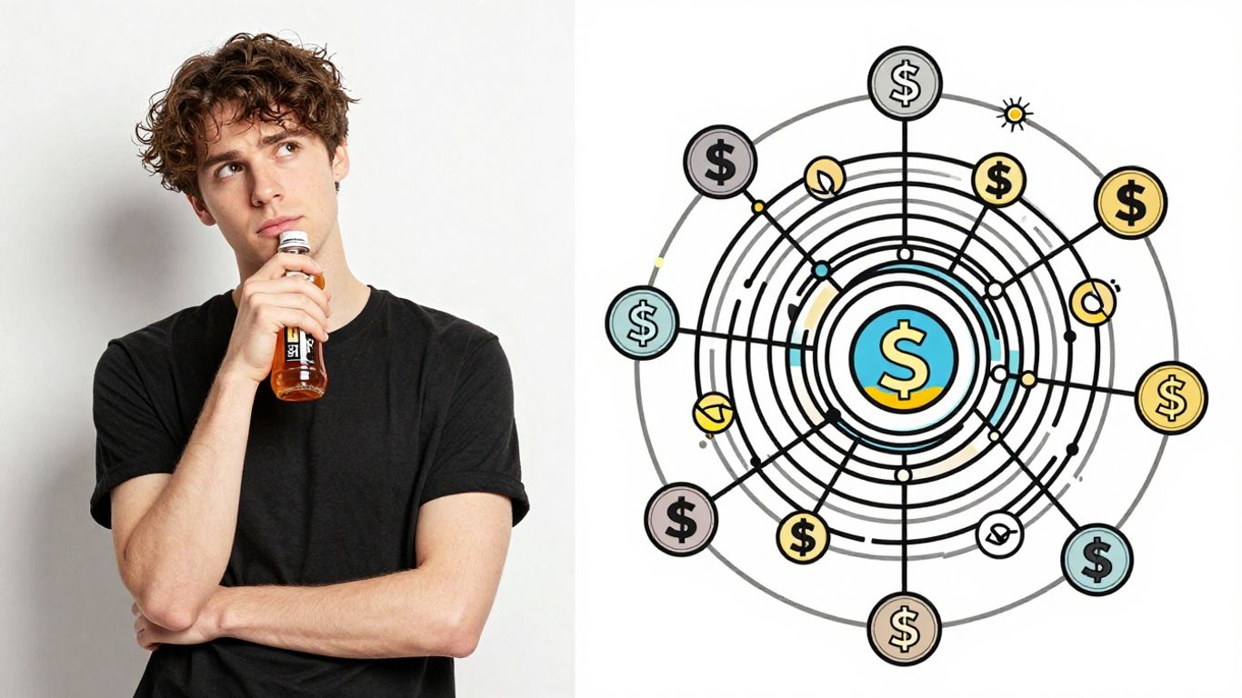bHIP drink and network diagram with money symbols.