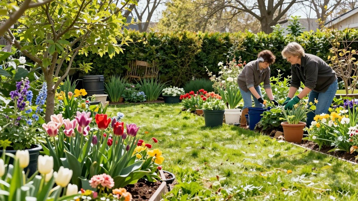 Spring garden maintenance with blooming flowers and sunlight.