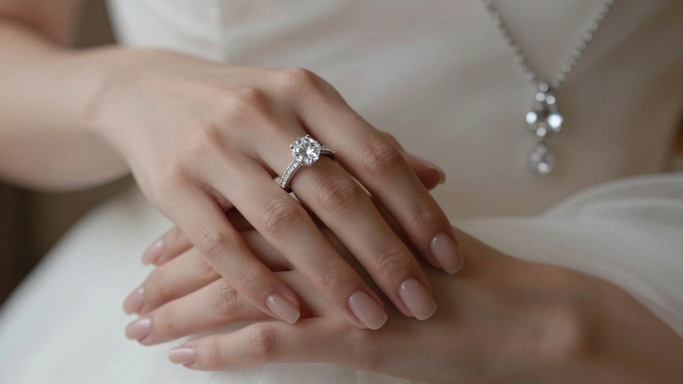 Bride's hands with engagement ring and wedding jewellery.