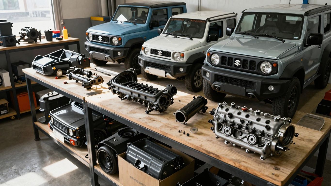 Suzuki car engines and parts in a workshop.